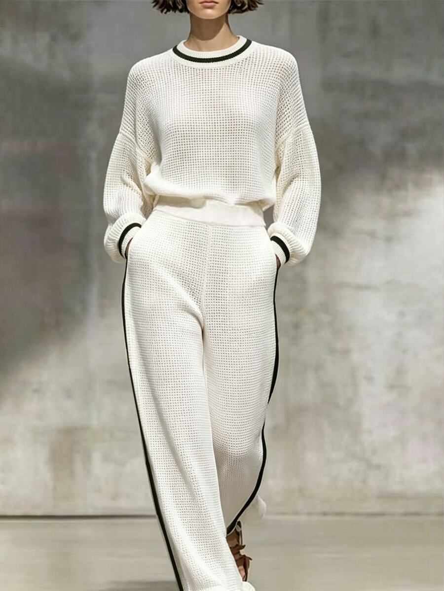 LUMIGAL Women's Striped Colorblock Long Sleeve Sweater And Pocket Pants 2 Pieces Set - White - View 1