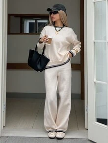 DAZY Autumn/Winter Beige Round Neck Trim Sweater & Loose Wide Leg Pants Casual Versatile Daily Commute Women's Two Pieces Set - Apricot - View 6