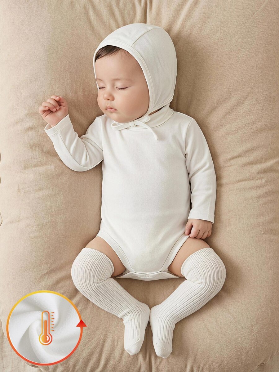 SHEIN Baby Girl Baby Girl Baby Boy Knit Solid Color High Neck Fleece Lined Basic Casual Romper - White - View 1