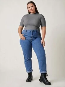 SHEIN BASICS 大尺碼羅紋針織純色T恤女款夏季上衣夏季穿搭 - 灰色 - 查看 6