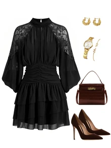 SHEIN Clasi Women's Elegant Commuter Lace Patchwork Mini Dress - Black - View 6