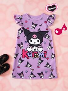 HELLO KITTY AND FRIENDS | SHEIN Young Girl Cartoon Print Round Neck Flutter Sleeve Casual Dress - Purple - View 1