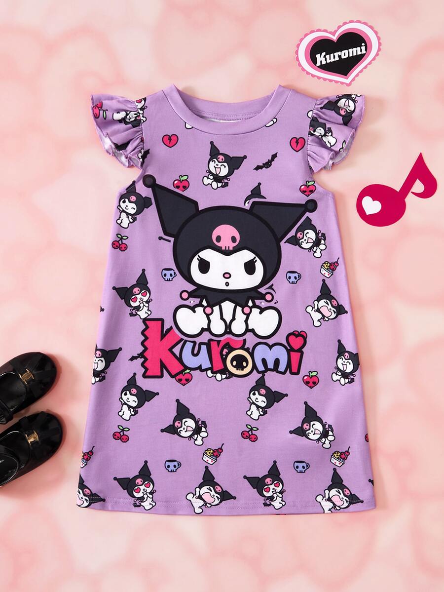 HELLO KITTY AND FRIENDS | SHEIN Young Girl Cartoon Print Round Neck Flutter Sleeve Casual Dress - Purple - View 1
