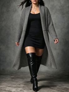 Ceyna Plus Size Women's Loose Casual Striped Long Sleeve Cardigan Sweater, Suitable For Daily Outfits Winter - Black and White - View 2
