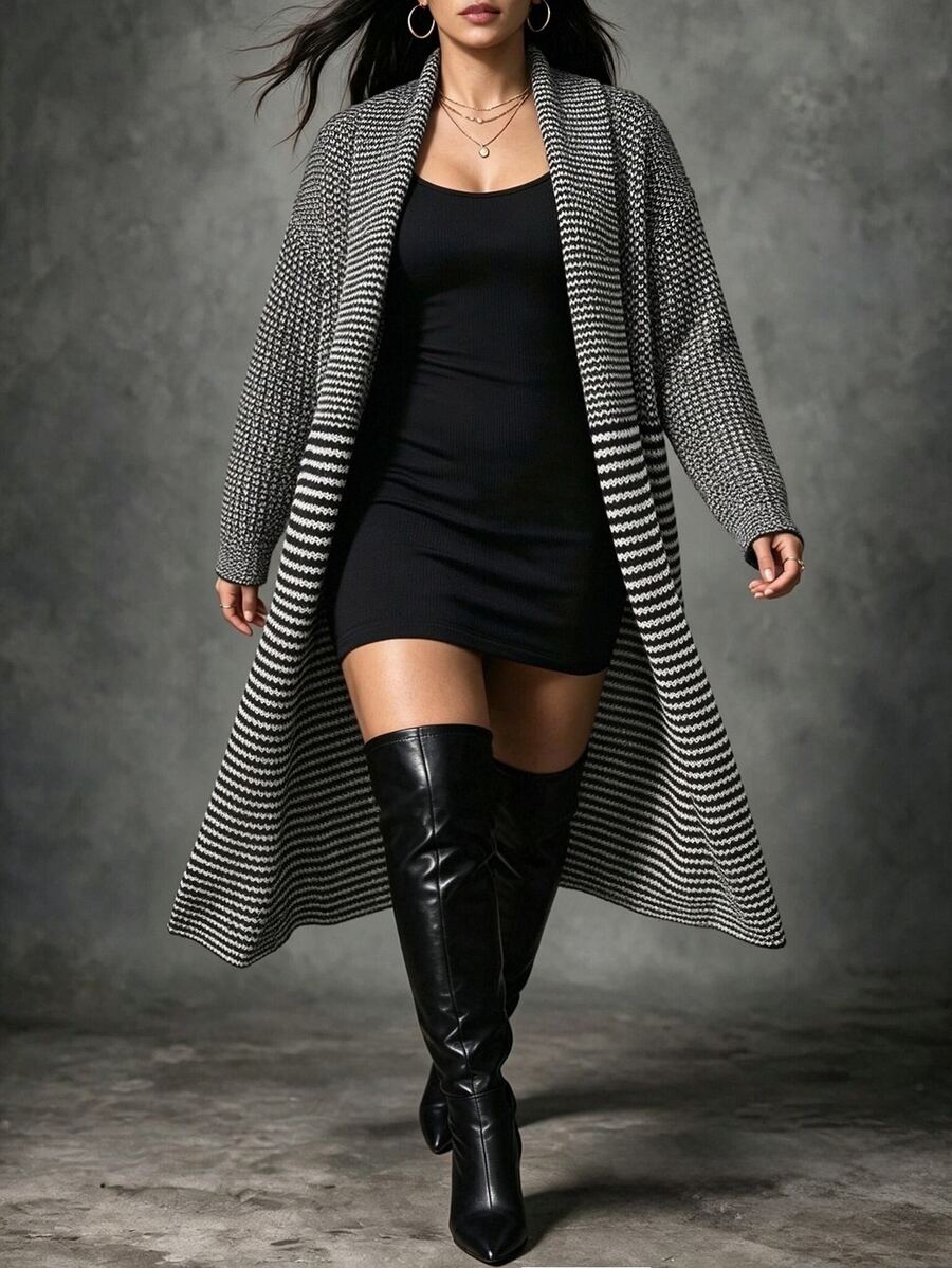 Ceyna Plus Size Women's Loose Casual Striped Long Sleeve Cardigan Sweater, Suitable For Daily Outfits Winter