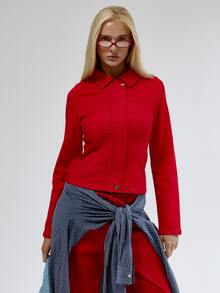 MUSERA Smal denimjacka med krage, knäppning fram, markerad midja, för höst och vinter, coolgirl, back to school, Blancs - Röd - Visa 2