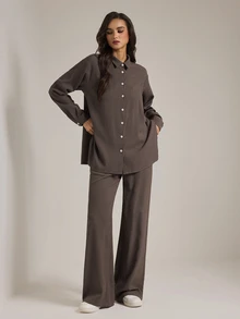 SHEIN Tall Setelan Kasual 2 Potong Wanita Lengan Panjang Kancing Tunggal dan Celana Panjang Warna Polos - Coklat - View 6