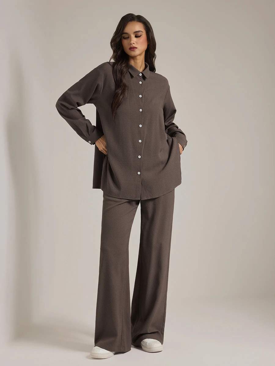 SHEIN Tall Women's Solid Color Long Sleeve Single-Breasted Shirt And Pants Casual 2 Pieces Set - Brown - View 1