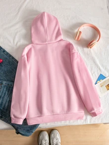 SHEIN Sparklyn 少女可愛櫻桃圖案條紋內裡連帽衛衣休閒長袖抓絨套頭衫秋冬日常上衣 - 粉色 - 查看 2