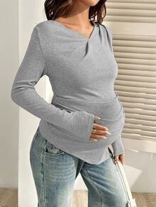 SHEIN 孕婦休閒純色不對稱下擺T恤，適合秋季 - 灰色 - 查看 4