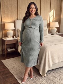 SHEIN Green Plus Size Maternity Knit Autumn/Winter 2 Pieces Set Strapless Camisole Dress & Ribbed Cardigan With Side Slit Vertical Stripes Slimming - Green - View 1