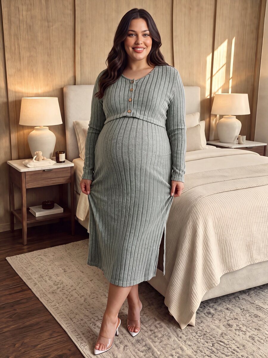 SHEIN Green Plus Size Maternity Knit Autumn/Winter 2 Pieces Set Strapless Camisole Dress & Ribbed Cardigan With Side Slit Vertical Stripes Slimming - Green - View 1