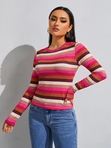 SHEIN Essnce 女款條紋休閒日常穿著上衣 - 彩色 - 查看 4