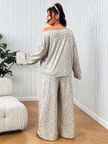 SHEIN EZwear Plus Size Fashion Leopard Print Long Sleeve Top And Loose Pants 2 Pieces Set - Multicolor - View 2