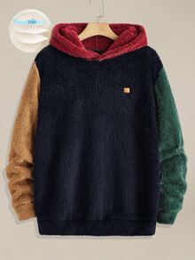 EASEVO Men's Casual Plus Size Long Sleeve Hooded Top, Double-Sided Fleece, Multi-Color Patchwork, Solid Halloween Winter Party Autumn - Multicolor - View 1