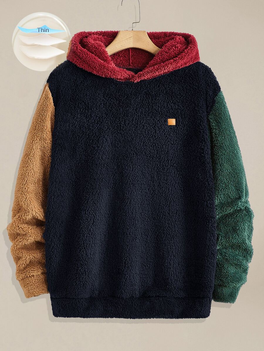 EASEVO Men's Casual Plus Size Long Sleeve Hooded Top, Double-Sided Fleece, Multi-Color Patchwork, Solid Halloween Winter Party Autumn - Multicolor - View 1