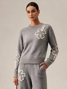 SHEIN Orluneo Sweater Rajut Pullover Motif Bunga Abu-abu Musim Gugur/Dingin, Sweater Lengan Panjang Leher Bulat Longgar - Grey - View 4