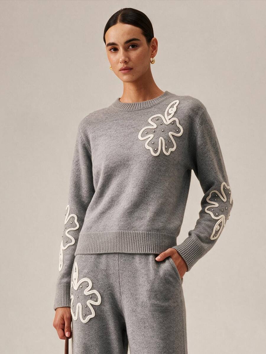 SHEIN Orluneo 秋冬灰色個性化花卉針織套頭毛衣,寬鬆圓領長袖毛衣 - 灰色 - 查看 1