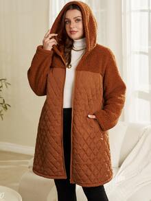 EMERY ROSE Jaket Wanita Ukuran Besar Musim Gugur/Dingin Kasual Cokelat Polos Berbahan Fleece dengan Tudung dan Kantong, Mantel Hangat Musim Dingin, Mantel Luar - Coklat - View 4