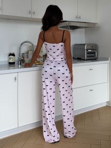 ZzzCrew Women's Bow Print Ribbed Contrast Trim Camisole & Long Pants Pajama Set - Baby Pink - View 2