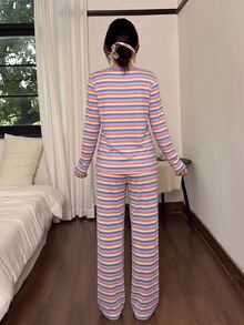 Dream Adore 女款彩色條紋印花長袖上衣與長褲睡衣套裝 - 彩色 - 查看 2