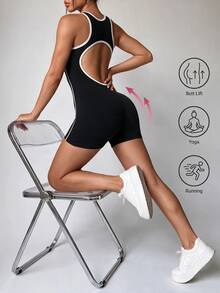 SHEIN Dewbera Women's Contrast Trim Backless Sleeveless Fitted Outdoor Sports Romper - Black - View 2