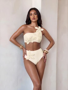 Glamine SHEIN Glamour Women's Sexy Applique One-Shoulder Top And Triangle Bikini Bottom Bikini Set Set For Beach Vacation - White - View 4