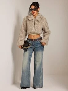 SHEIN PETITE Plush Gradient Women's Fake Fur Jacket, Cropped Style, Warm And Suitable For Autumn And Winter - Apricot - View 6
