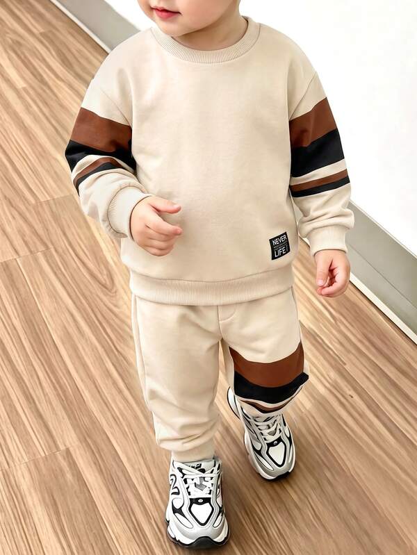 Young Boys Loose Fit Sports Casual Comfortable Long Sleeve Sweatshirt & Pants 2 Pieces Set, Suitable For Autumn/Winter, Classic Cool Retro Color Block Pattern Print, Exquisite Small Logo Print
