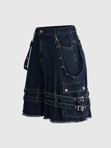 ROMWE Grunge Punk 大尺碼夏季時尚可調節肩帶裝飾牛仔短褲 - 藍色 - 查看 5