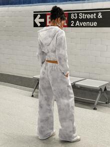 StreetHx Setelan 2 Potong Wanita Gaya Vintage Motif Cetak + Rhinestone, Hoodie Pendek + Celana Panjang Longgar - Grey - View 2