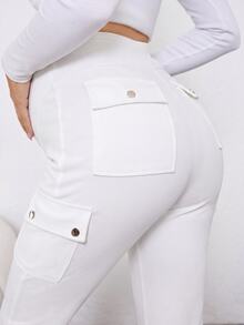 SHEIN 孕婦休閒百搭純色工裝緊身褲 - 白色 - 查看 6