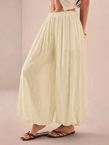 SHEIN PETITE 2026年女款春夏度假系列：優雅橄欖綠寬鬆喇叭褲 - 卡其色 - 查看 4