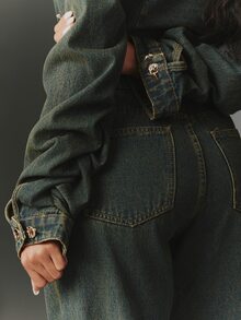 NYA SZN Denim Jacket Button Front Napoleon Tinted Long Sleeve Collared Streetwear Casual Everyday Party Concert Festival Dark Wash Chic Cute Fall Winter - Medium Wash - View 7
