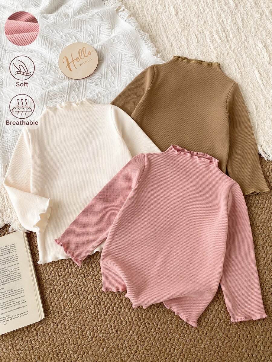 SHEIN Baby Girl Solid Color Ribbed Long Sleeve Base Layer Top, Girls Ruffle Semi-High Neck Soft Elastic Slim Fit Innerwear