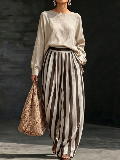 Breezaya Women's Loose Round Neck Long Sleeve Top & High Waist Brown Striped Wide Leg Pants 2 Pieces Casual Vacation Outfit