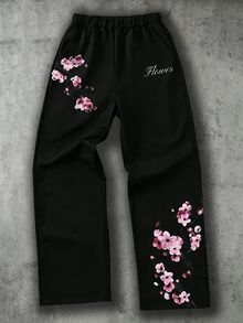 Teen Boys Plum Blossom Digital Print Straight Leg Sweatpants With Pockets Autumn Winter - Multicolor - View 3