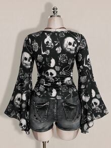 SHEIN ICON 大尺碼女款萬聖節骷髏印花深色哥德風上衣 - 彩色 - 查看 2