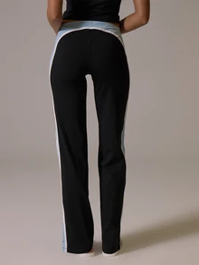 Musera Sport Celana Panjang Gaya Yoga Pinggang Rendah dengan Garis-Garis Warna Kontras di Sisi dan Tepi Berpipa untuk Musim Dingin dan Gugur, Aktivitas Pilates dan Gerak - Hitam - View 4