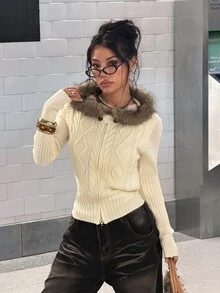 StreetHx Women's Versatile Classic Cable Knit Daily Commute Streetwear Retro Style Autumn/Winter Hooded Fur Collar Sweater Vest - Apricot - View 6