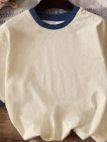 Tseoso 95% Cotton Casual Minimalist Blue & Beige Colorblock Round Neck Short Sleeve Loose Fit Women's T-Shirt, Suitable For Autumn, Basic Classic Style, Versatile For Multiple Occasions - Multicolor - View 5