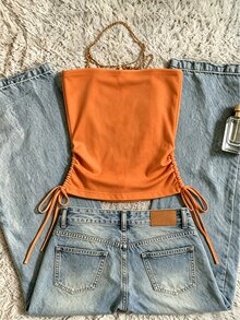 IslaSuriya Women's Bright Orange Beaded Tube Top, Ruched Drawstring Casual Top - Orange - View 2
