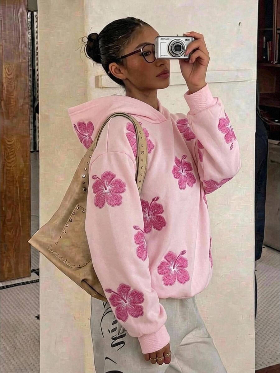 Tween女孩休閒簡約日常可愛粉色碎花圓領寬鬆T恤 - 粉色 - 查看 1