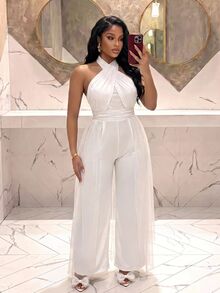 Slaydiva Plus Size Cocktail Party White Tulle Spaghetti Strap Skirt With Pockets Satin Jumpsuit - White - View 10