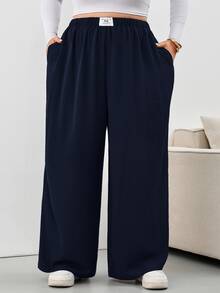 SHEIN CURVE+ 大尺碼格紋長褲，黑白格紋彈性腰帶口袋寬腿，2026秋冬 22W - 藏蓝色 - 查看 3