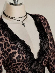 SHEIN ICON Plus Size Women's Lace Patchwork Leopard Print Dress - Multicolor - View 5