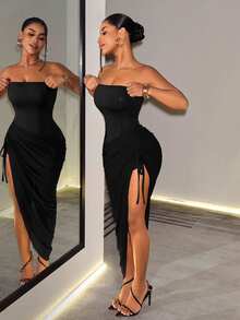 BamGleam Women's Solid Color Strapless Side Slit Drawstring Hem Sexy Dress Club Party Night Out Black Summer Halloween - Black - View 2