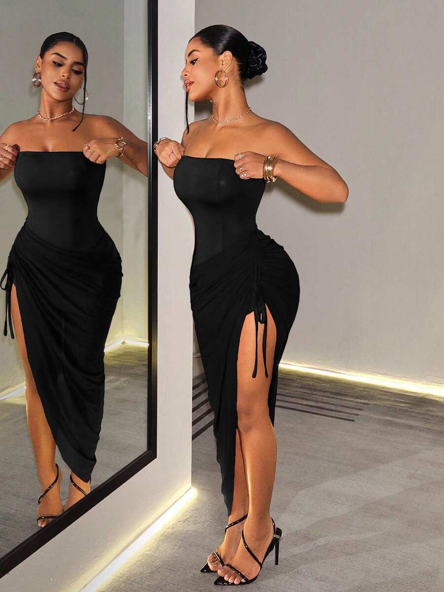 BamGleam Women's Solid Color Strapless Side Slit Drawstring Hem Sexy Dress Club Party Night Out Black Summer Halloween
