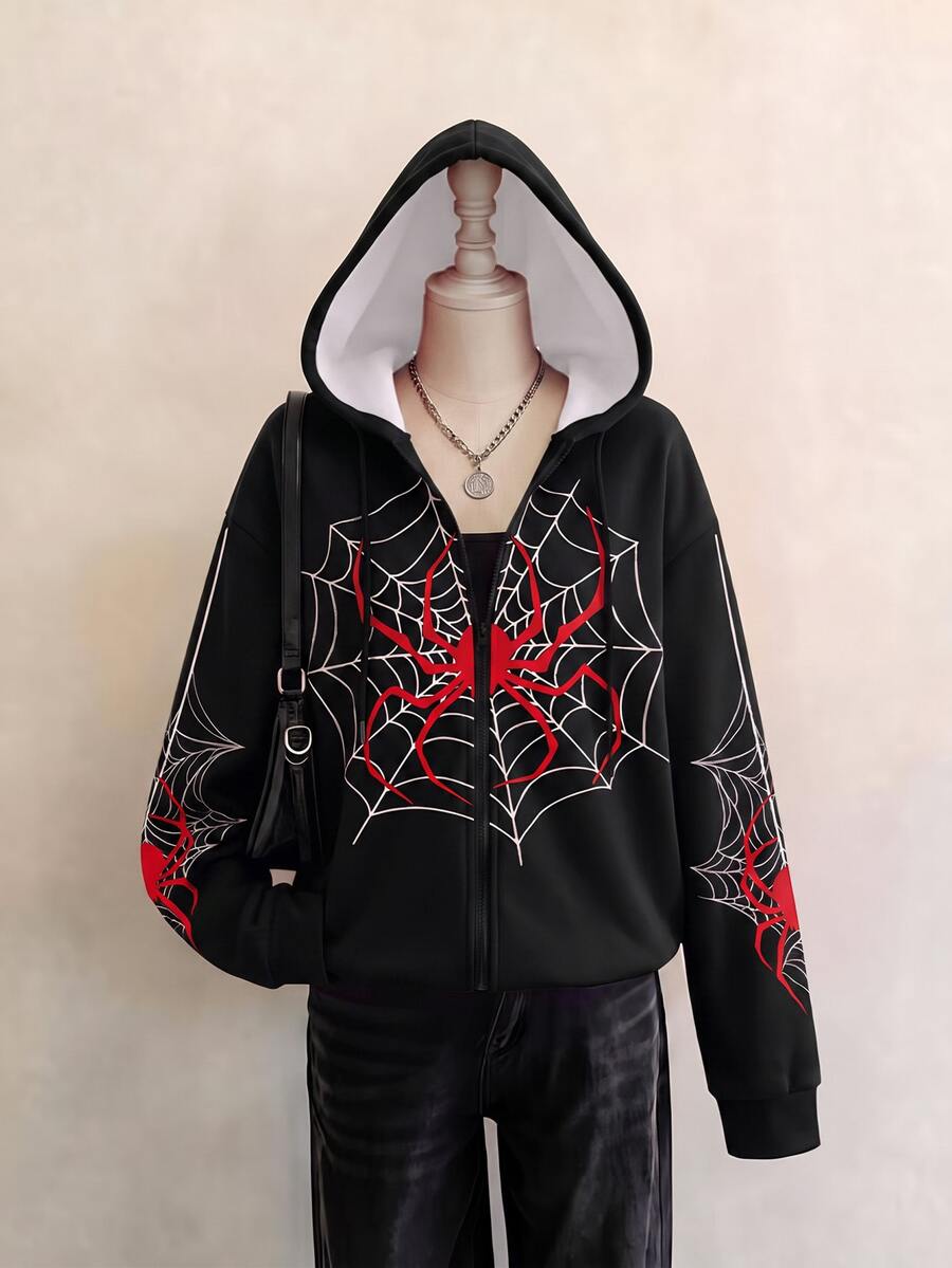 SHEIN EZwear 女款蜘蛛圖案休閒日常運動衫 - 黑色 - 查看 1