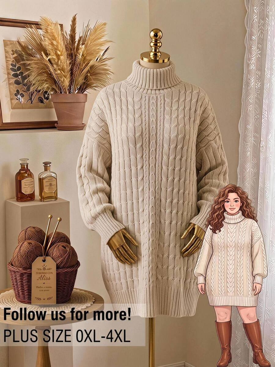 Rusticease Women's Autumn/Winter Knitted Dress, Solid Color High Neck Thick Sweater Cable Knit Dress - Apricot - View 1